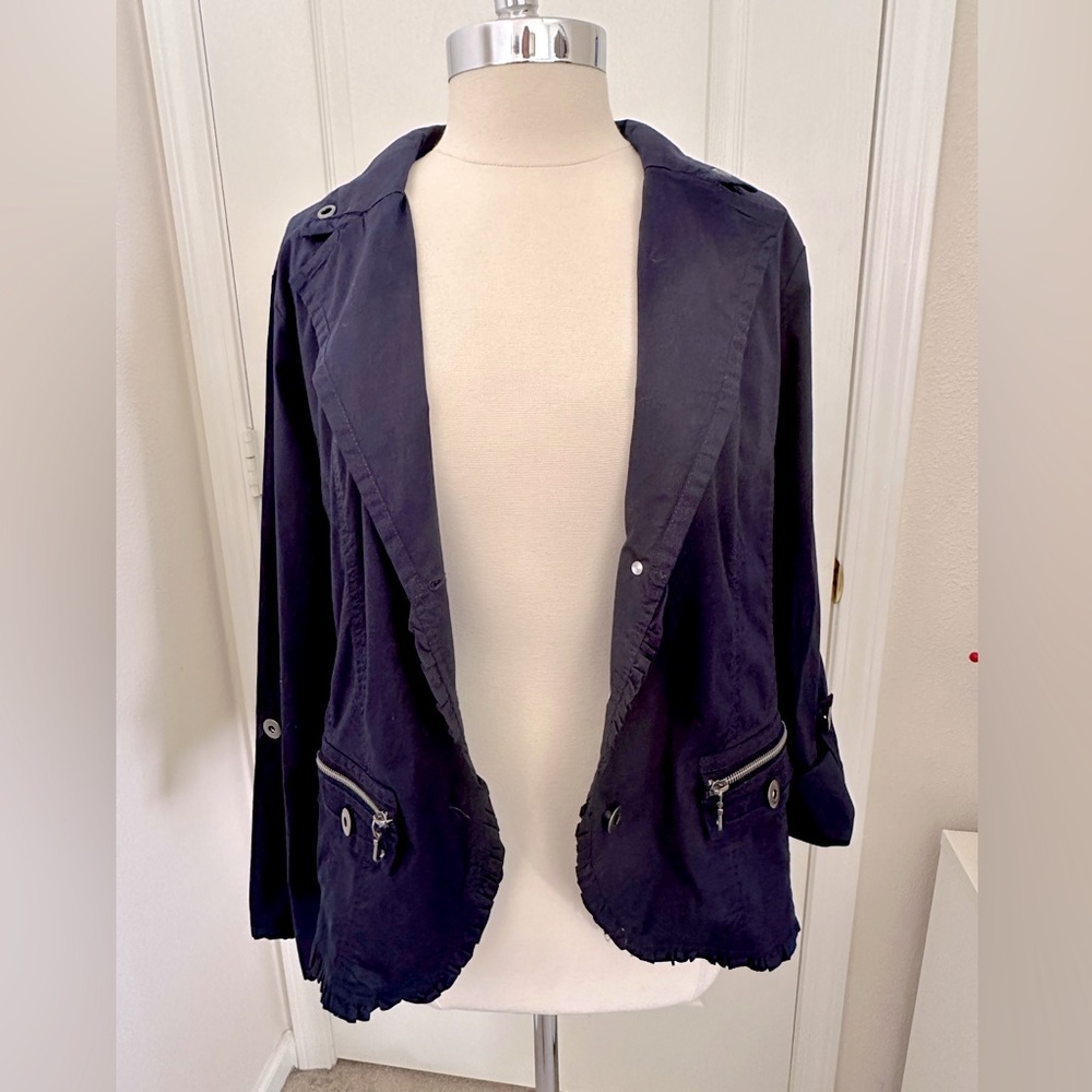 Anthropologie CocoYClub Lightweight Navy Jacket Ruffle Trim Zipper Size XL NWOT - Picture 2 of 13